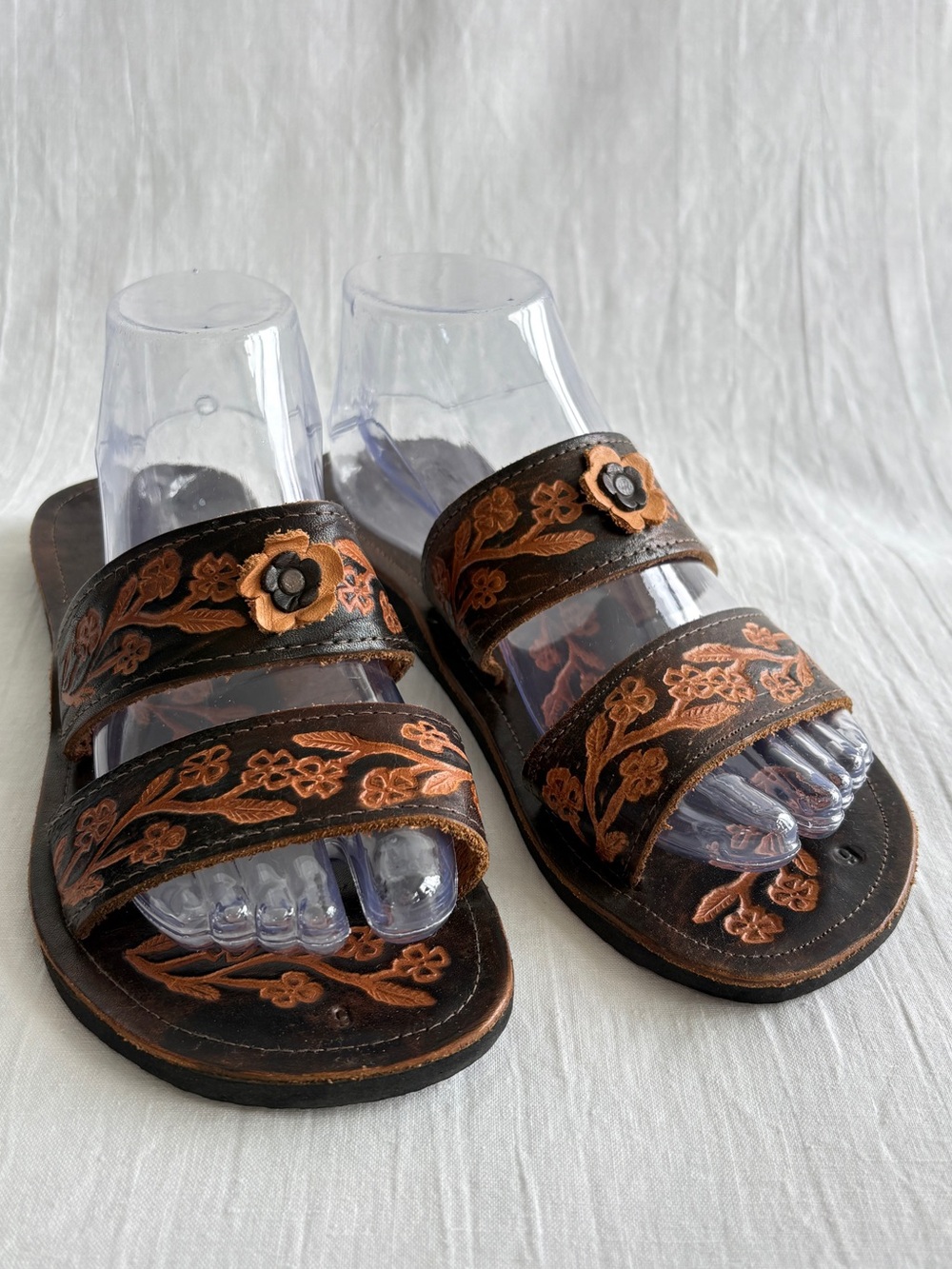 Women's Brown Floral Embossed Leather Slide Sandals  Mexico-6 US-8.5